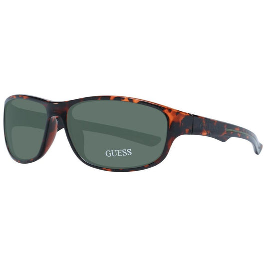 Guess brown unisex sunglasses with green lenses, full-rim plastic frame, UV protection, and rectangle design for men and women.