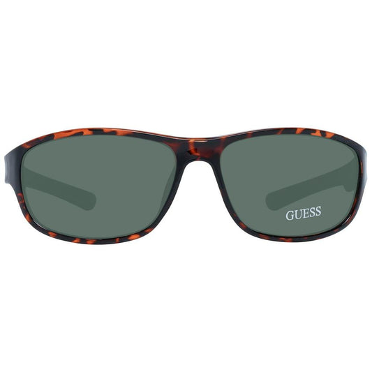 Guess Brown Unisex Sunglasses with green plastic lenses, full-rim rectangular style, 100% UVA/UVB protection, tortoiseshell frame.