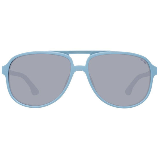 Gray aviator men's sunglasses with full-rim plastic frame, mirrored gradient lenses, UVA/UVB protection, and branded case.