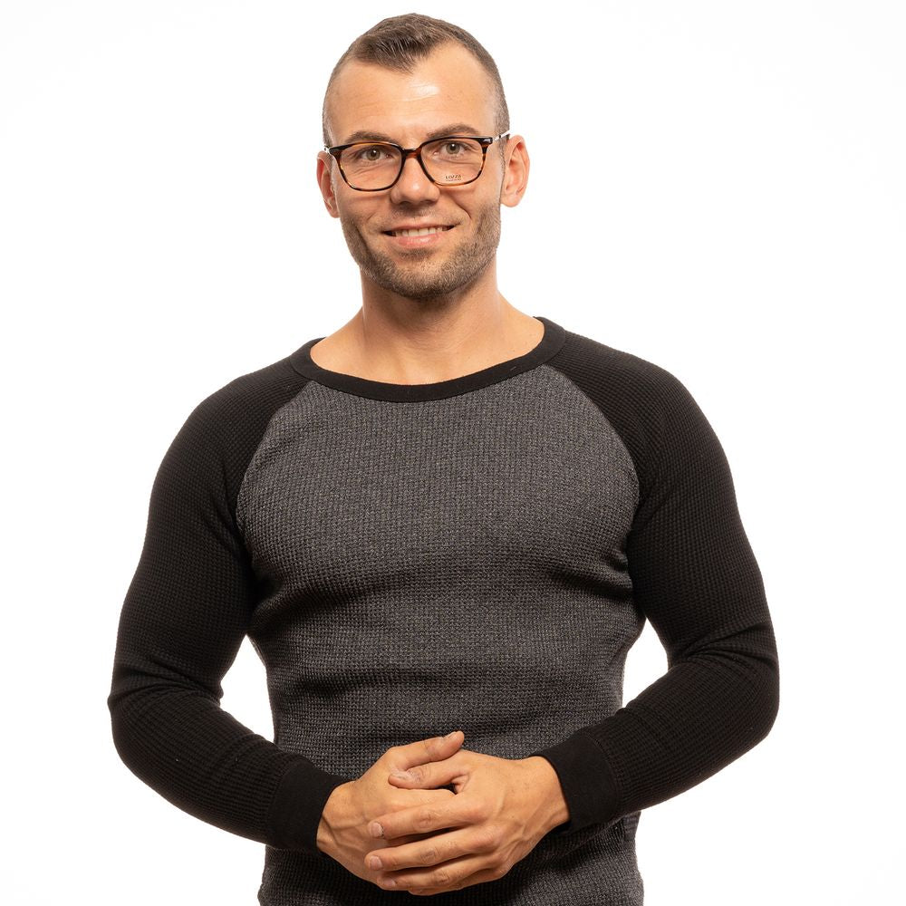 Man wearing Lozza Brown Men Glasses Frame with full-rim rectangle style, standing against a white background.