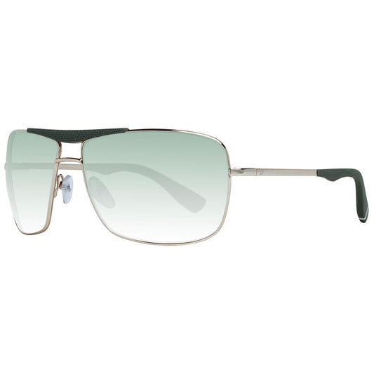 Gold metal rectangle sunglasses with green gradient lenses, full-rim, UVA & UVB protection, and a branded case.