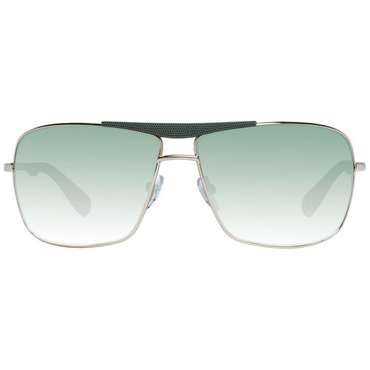 Gold metal frame men's sunglasses with green gradient lenses, full-rim rectangular style, UVA & UVB protection, 62-12-125 size.