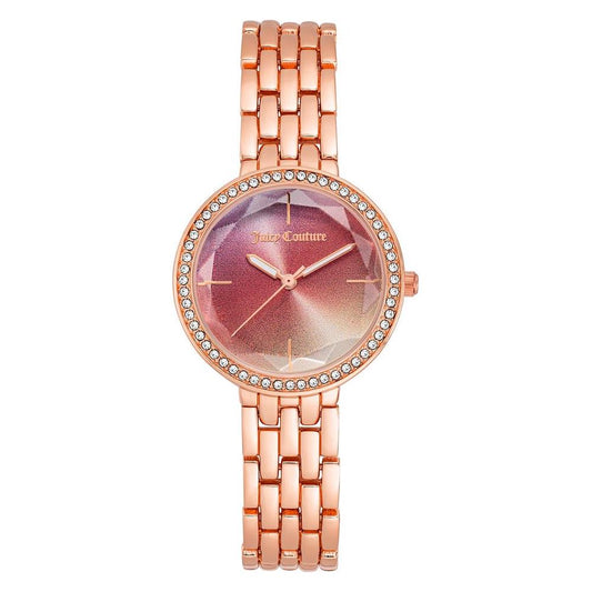 Rose gold Juicy Couture women's analog watch with rhinestone face, quartz movement, metal strap, and jewelry clasp.