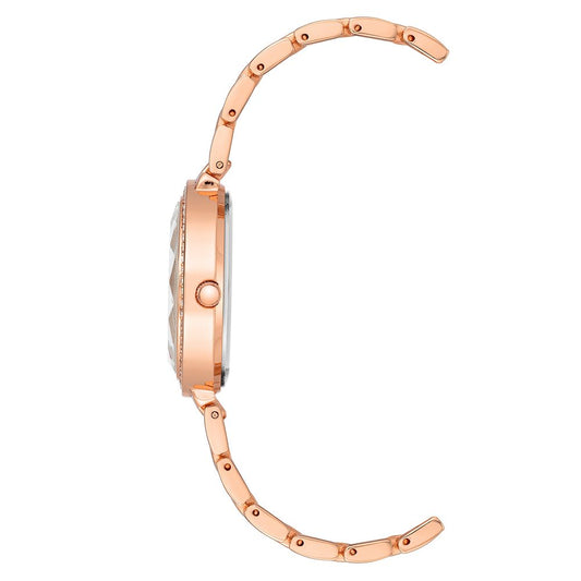 Side view of Juicy Couture Rose Gold Women Watch with quartz movement and rhinestone facing, featuring a metal wristband.