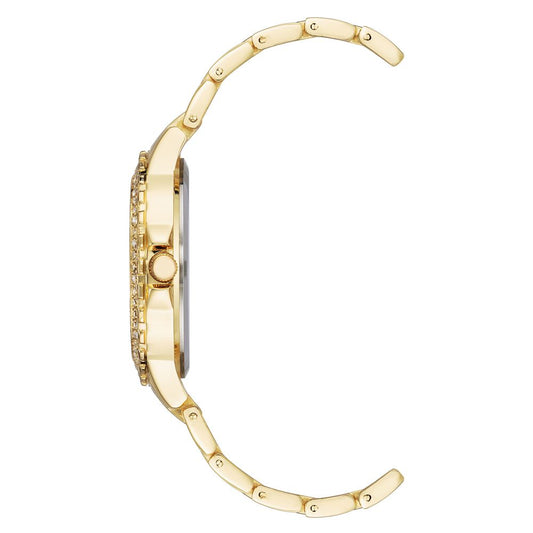 Side view of Juicy Couture gold women's watch with metal wristband and rhinestone accents.