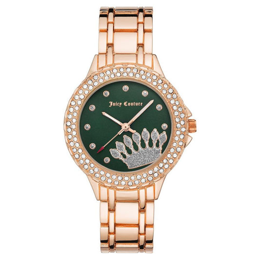Juicy Couture rose gold women's watch with rhinestone accents, analog display, metal strap, and fashion-forward design.