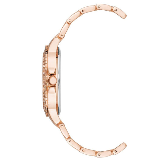 Side view of Juicy Couture Rose Gold Women's Watch with metal wristband and rhinestone facing, showcasing elegant design.