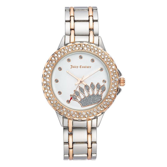 Juicy Couture silver women's watch with rhinestone detail, quartz analog display, and fold-over clasp, fashion style.