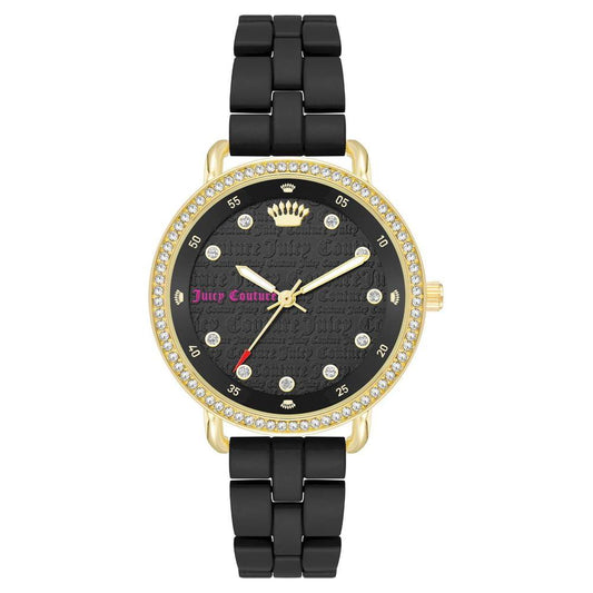 Juicy Couture gold women's analog watch with black metal wristband, rhinestone accents, and folding clasp.