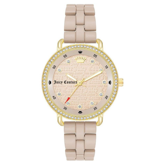 Juicy Couture Gold Women's Watch with beige metal strap, rhinestone face, analog display, quartz movement, and included watch box.