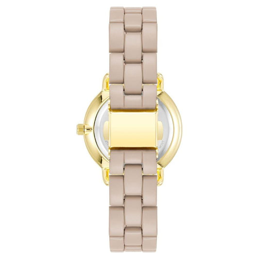 Back view of Juicy Couture Gold Women's Watch with beige metal strap, featuring a fold-over clasp and rhinestone accents.
