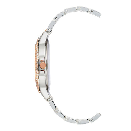 Side view of Juicy Couture Silver Women's Watch with quartz movement, analog display, rhinestone detail, and metal strap.