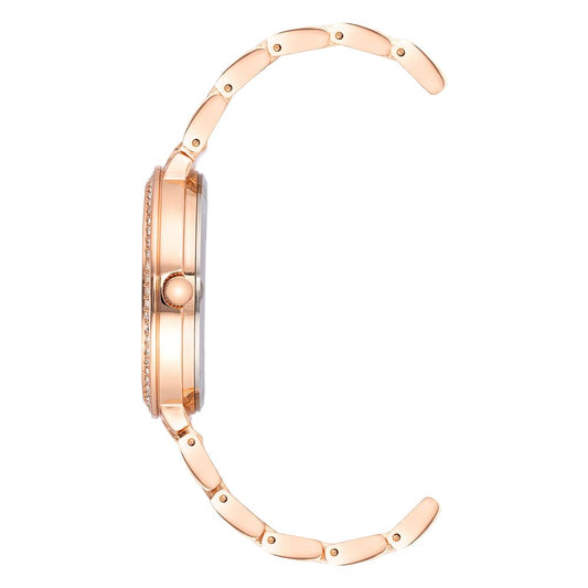 Side view of Juicy Couture Rose Gold Women's Watch with quartz movement and metal strap, featuring rhinestone embellishments.