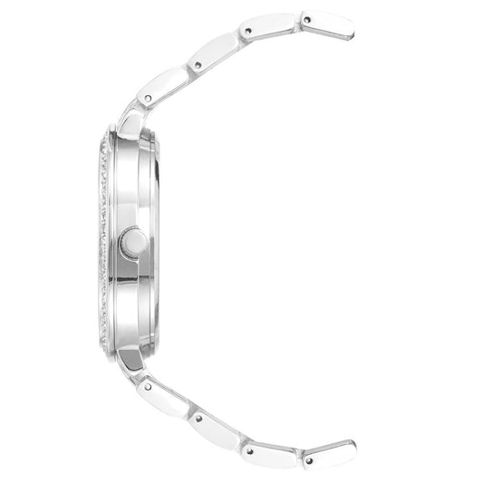 Side view of Juicy Couture Silver Women's Watch with quartz movement, rhinestone detail, and metal wristband, showing jewelry clasp.