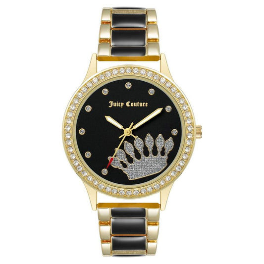 Juicy Couture gold women's watch with analog display, rhinestone face, and multicolor metal wristband, perfect fashion accessory.