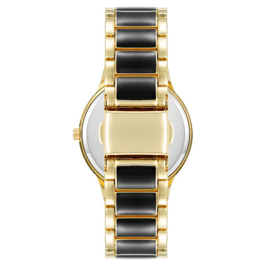 Back view of Juicy Couture Gold Women's Watch with multicolor metal band and folding clasp closure.