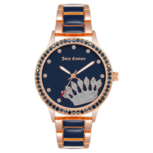 Juicy Couture rose gold women's watch with rhinestone crown design, quartz movement, metal strap, fashion style, in watch box, analog display.