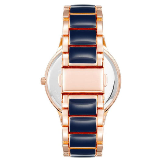 Back view of Juicy Couture Rose Gold Women's Watch with black links, quartz movement, and metal bracelet.