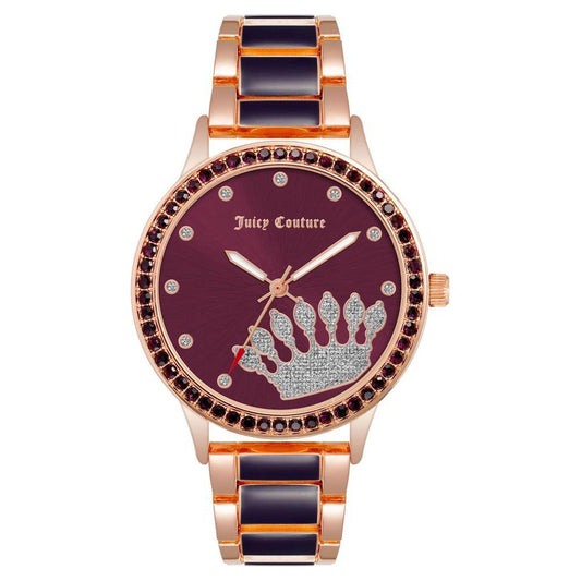 Juicy Couture rose gold women's watch with rhinestone crown design, multicolor metal strap, and folding clasp. Fashionable analog quartz timepiece.