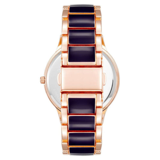 Back view of Juicy Couture rose gold women's watch with multicolor metal wristband and folding clasp.