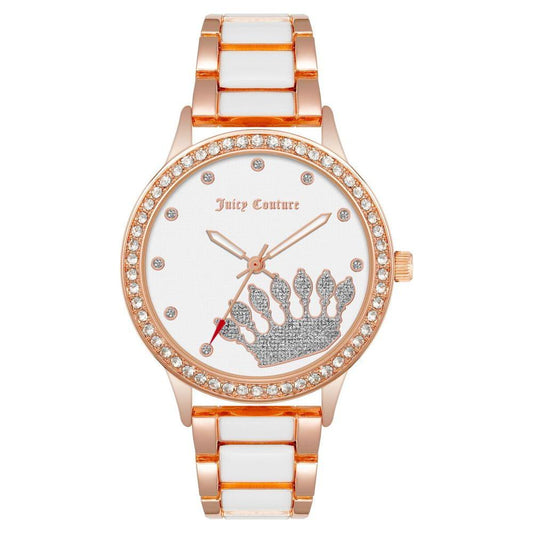 Juicy Couture rose gold women's watch with rhinestone bezel, white dial, and crown motif, quartz analog, metal wristband.