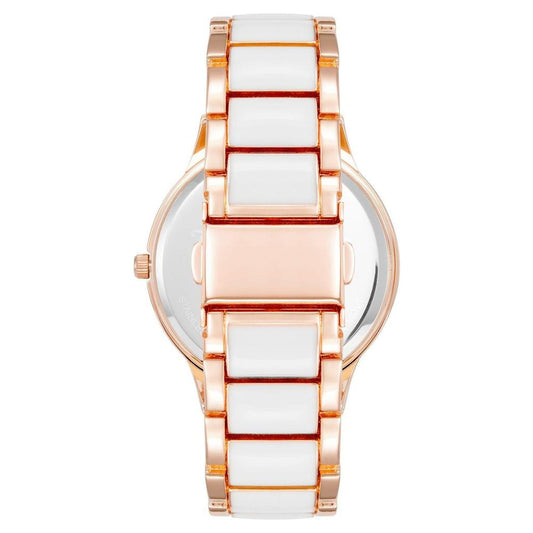 Back view of Juicy Couture Rose Gold Women's Watch with metal and white strap.