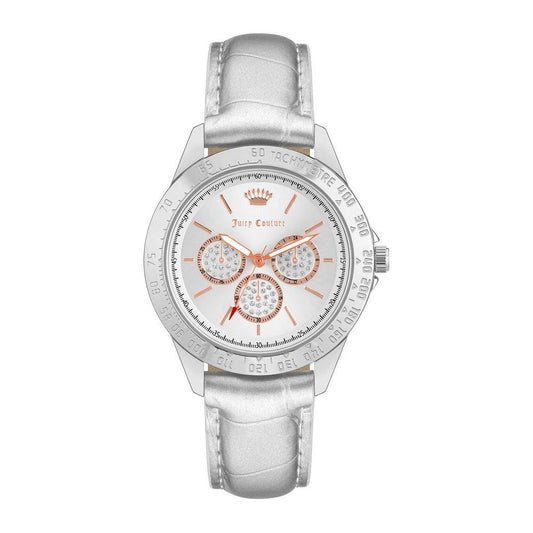 Juicy Couture silver women's watch with rhinestone analog display, quartz movement and leatherette strap.