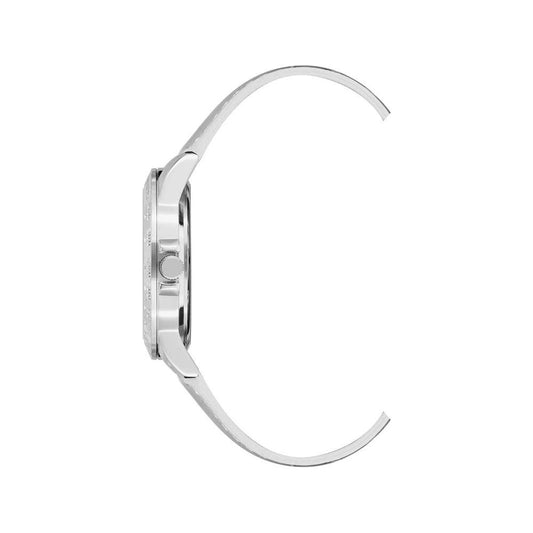 Side view of Juicy Couture Silver Women's Watch with metal case and leatherette strap.
