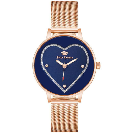 Juicy Couture rose gold watch with blue heart dial and rhinestone accents, stainless steel mesh strap.