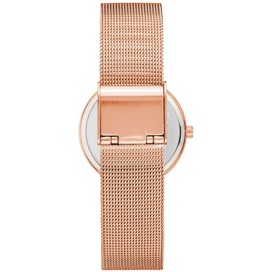 Rose gold Juicy Couture women's watch with bangle closure and stainless steel mesh strap, featuring quartz analog display.