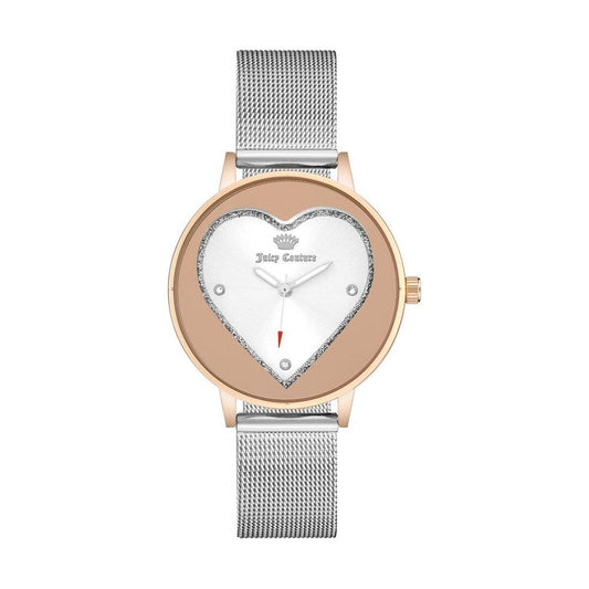 Juicy Couture rose gold women's watch, quartz, analog, with rhinestone heart face and silver stainless steel mesh strap, fashion style.
