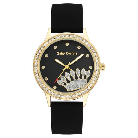 Juicy Couture gold women's quartz analog watch with rhinestone face, gold metal case, and black silicone strap, fashion style.