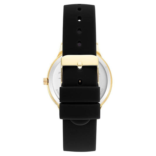 Back view of Juicy Couture Gold Women's Watch with black silicon strap and gold pin buckle, showcasing fashion-forward design.