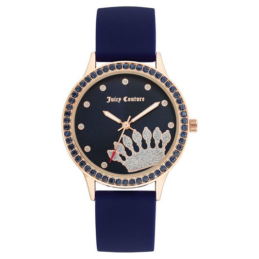 Juicy Couture rose gold women's watch with blue silicone strap, rhinestone design, and quartz movement; elegant fashion accessory.
