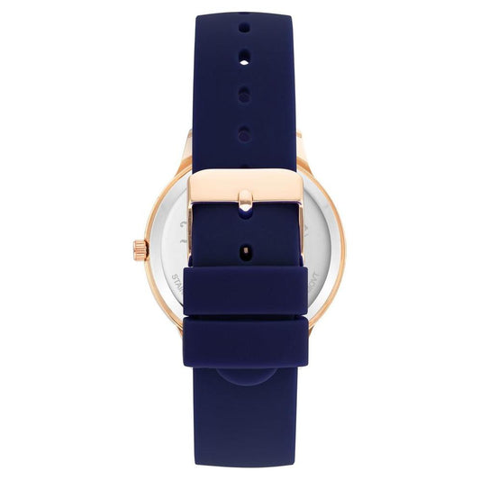 Back view of Juicy Couture Rose Gold Women's Watch with blue silicone strap and pin buckle clasp.