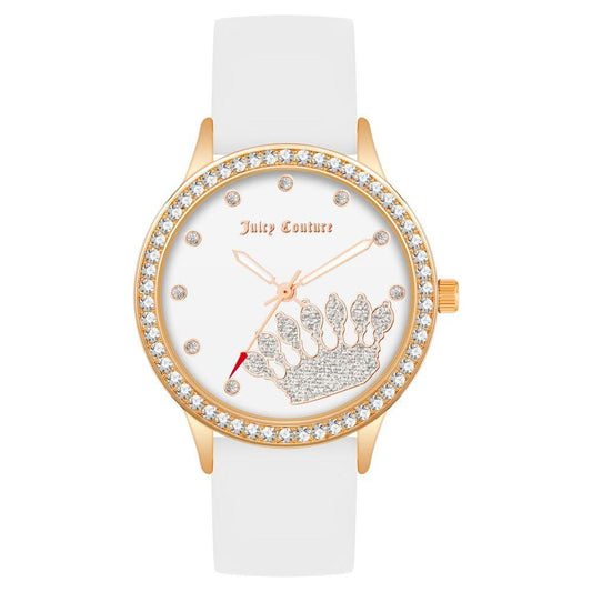 Juicy Couture rose gold women's quartz watch with rhinestone face, white silicone strap, and fashion style, analog display.