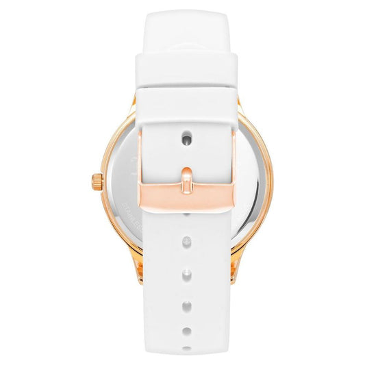 Back view of Juicy Couture Rose Gold Women's Watch with white silicone strap and pin buckle closure.