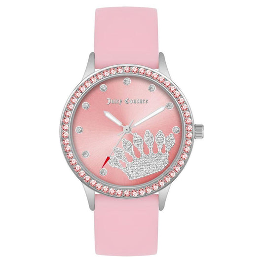 Juicy Couture Silver Women's Watch with Rose Silicone Band, Rhinestone Dial, and Metal Case, Fashion Style, Analog Quartz.
