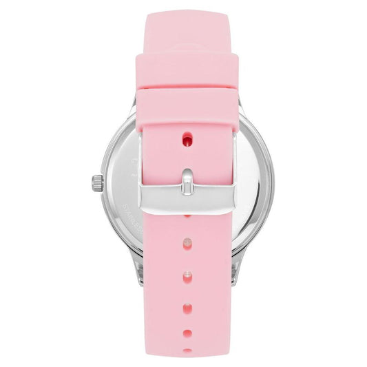 Back view of Juicy Couture silver watch with rose silicone strap and pin buckle.
