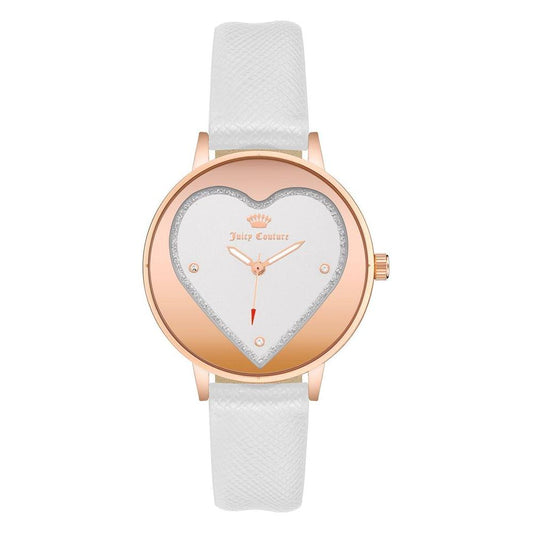 Juicy Couture Rose Gold Women's Watch with White Leatherette Strap, Heart-Shaped Face, and Rhine Stone Detailing, Fashion Style