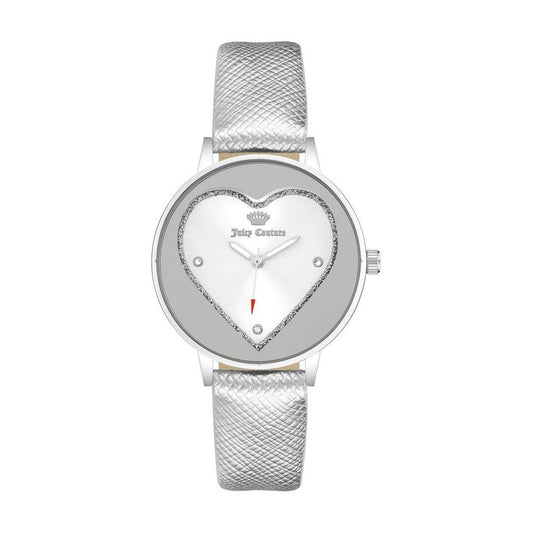 Juicy Couture silver women's watch with heart-shaped rhinestone face, quartz movement, and silver leatherette strap.