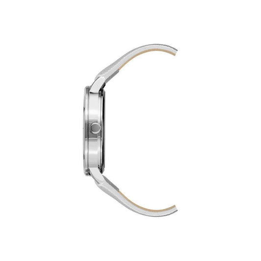 Side view of Juicy Couture silver women’s watch with quartz movement, leatherette strap, and rhinestone accents.