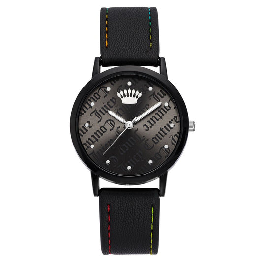 Juicy Couture black women's watch with quartz movement, black leatherette strap, and metal case, featuring analog display.