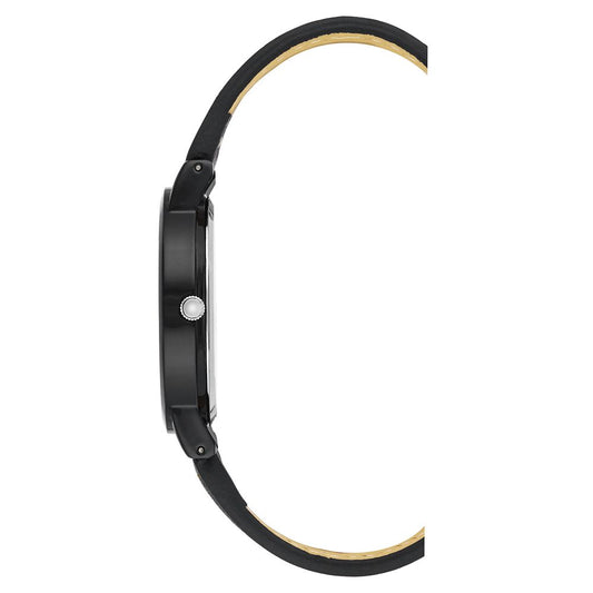 Side view of Juicy Couture black women's analog watch with black metal case and leatherette strap.