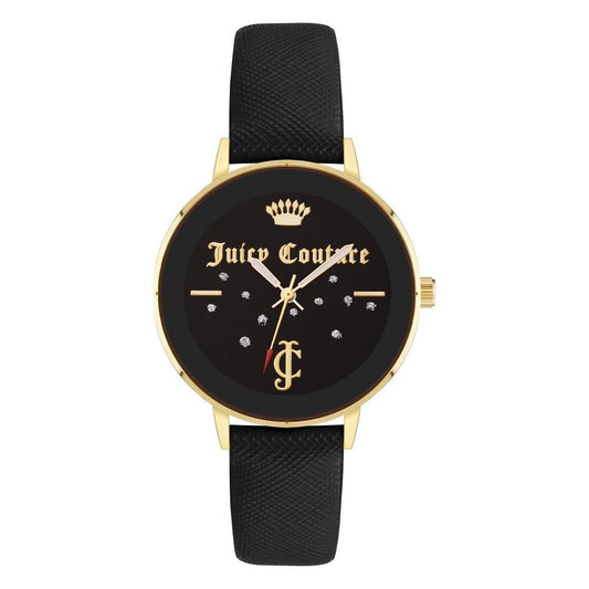 Juicy Couture gold women's watch with black leatherette strap, 38mm rhine stone facing, quartz battery, analog display, fashion style.