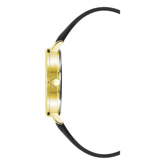 Side view of Juicy Couture gold women's watch with black leatherette strap and quartz movement.