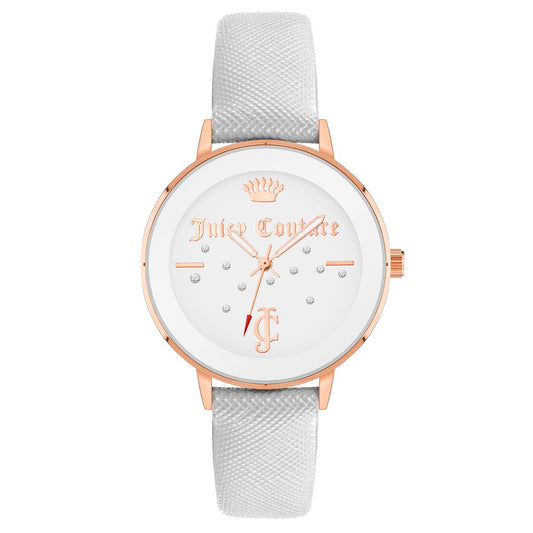 Juicy Couture gold women's watch with quartz movement, white leatherette strap, and rhinestone accents, analog display.