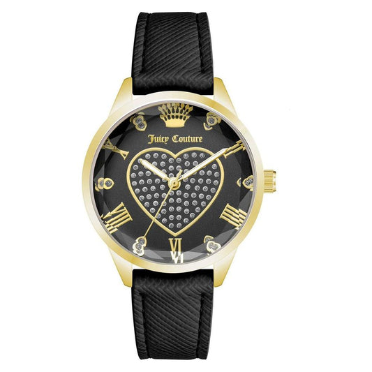 Juicy Couture gold women's watch with black leatherette strap, rhinestone heart detail, quartz movement, and analog display.