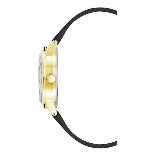 Side view of Juicy Couture gold women's watch with black leatherette strap and rhinestone detailing.