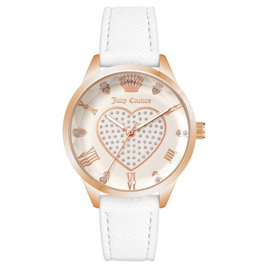 Juicy Couture Rose Gold Women's Watch with heart design, quartz analog display, white leatherette strap, and rhinestone facing.